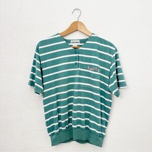 Vintage Alfred Dunner Green & White Striped & Embroidered Jersey Henley Top